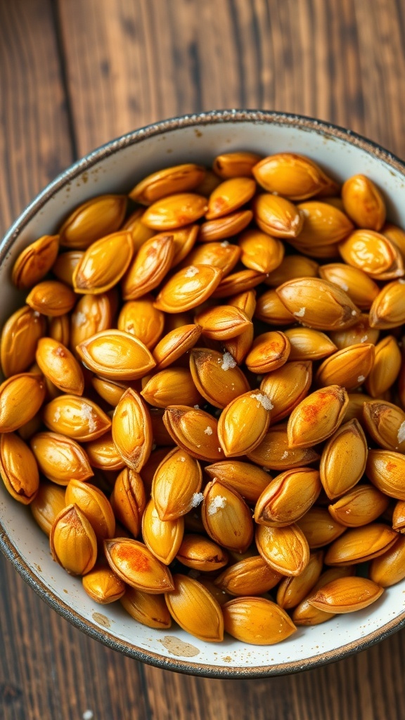A bowl of roasted pumpkin seeds seasoned with salt and spices on a wooden table.